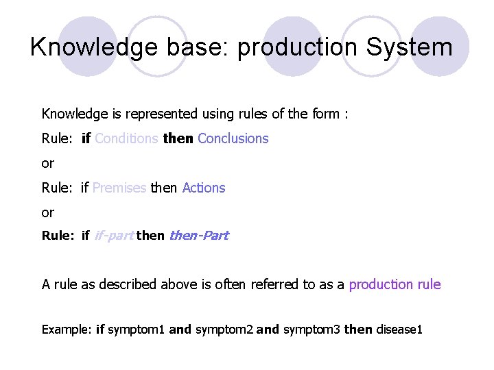 Knowledge base: production System Knowledge is represented using rules of the form : Rule: Knowledge base: production System Knowledge is represented using rules of the form : Rule: