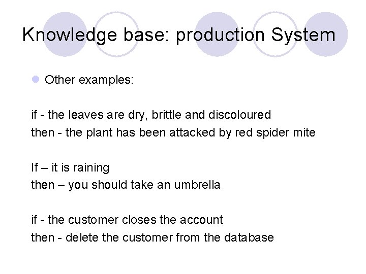 Knowledge base: production System l Other examples: if - the leaves are dry, brittle Knowledge base: production System l Other examples: if - the leaves are dry, brittle