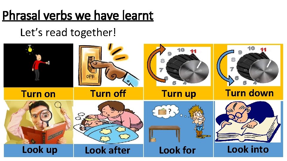 Phrasal verbs we have learnt Let’s read together! Turn on Turn off Turn up Phrasal verbs we have learnt Let’s read together! Turn on Turn off Turn up