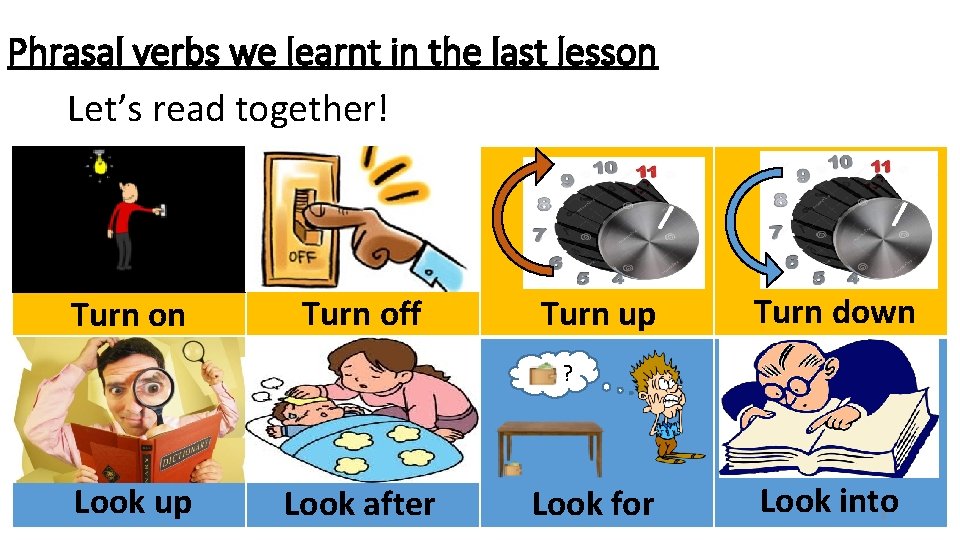 Phrasal verbs we learnt in the last lesson Let’s read together! Turn on Turn Phrasal verbs we learnt in the last lesson Let’s read together! Turn on Turn