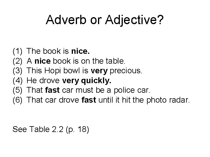 Adverb or Adjective? (1) (2) (3) (4) (5) (6) The book is nice. A