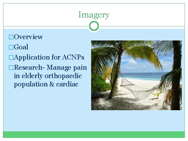 Imagery �Overview �Goal �Application for ACNPs �Research- Manage pain in elderly orthopaedic population &