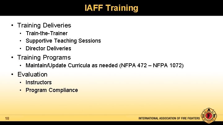 IAFF Training • Training Deliveries • Train-the-Trainer • Supportive Teaching Sessions • Director Deliveries