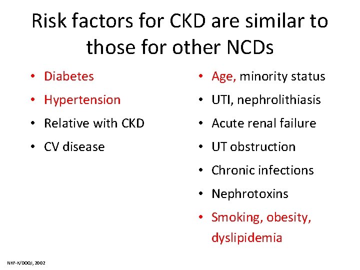 Risk factors for CKD are similar to those for other NCDs • Diabetes •