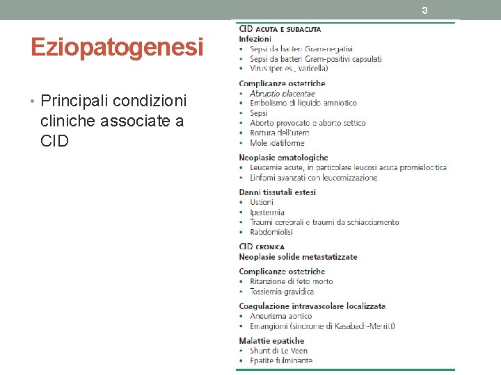 3 Eziopatogenesi • Principali condizioni cliniche associate a CID 