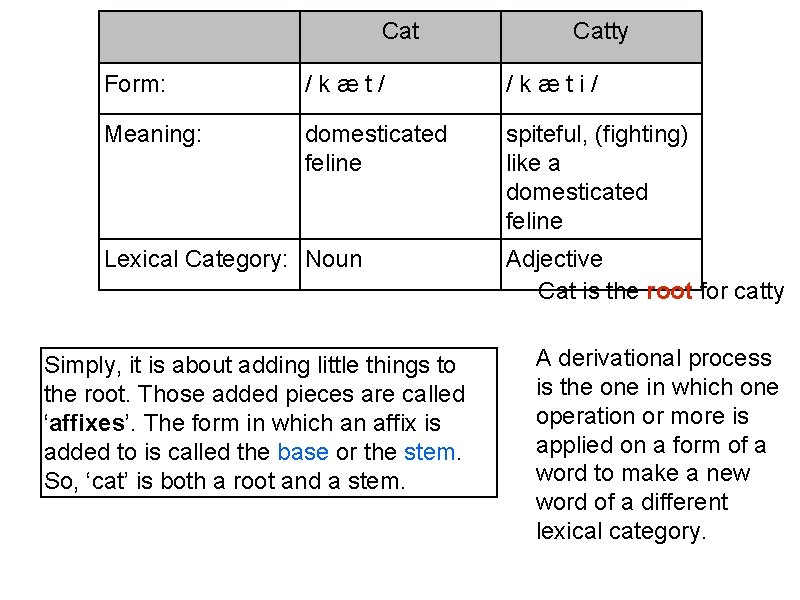 Cat Catty Form: /kæt/ /kæti/ Meaning: domesticated feline spiteful, (fighting) like a domesticated feline