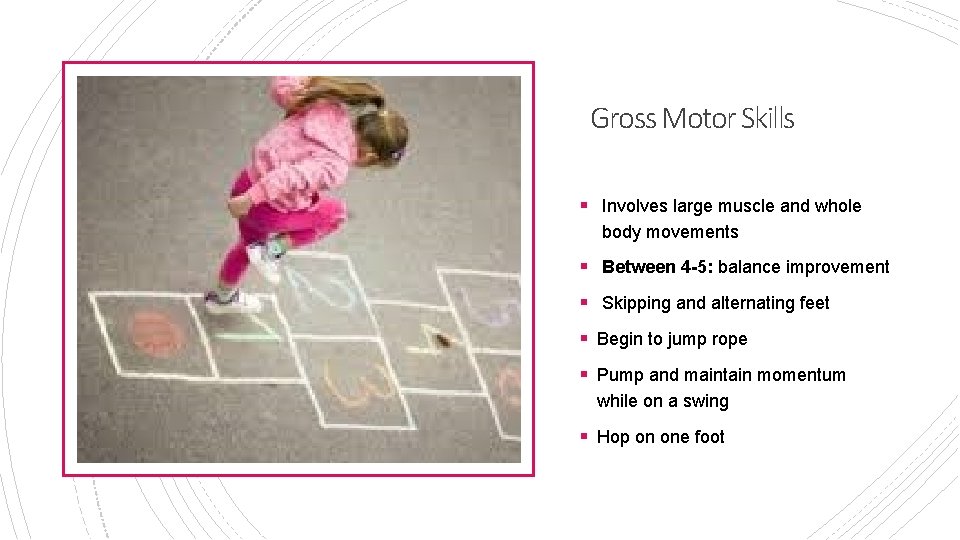 Gross Motor Skills § Involves large muscle and whole body movements § Between 4