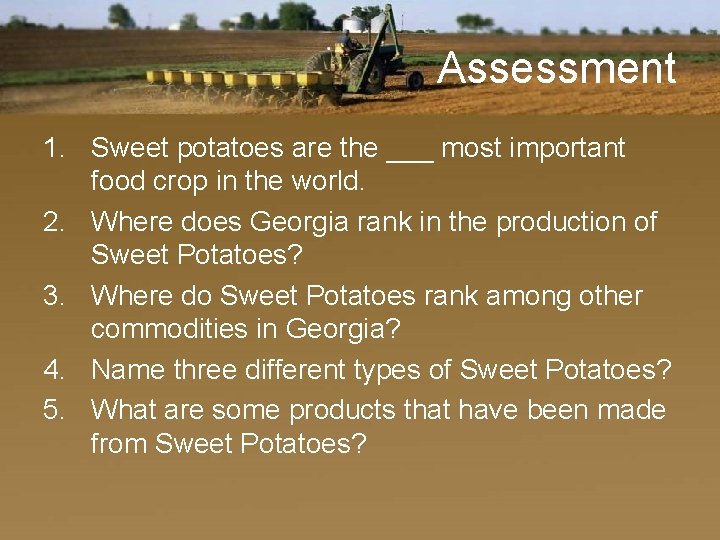 Assessment 1. Sweet potatoes are the ___ most important food crop in the world.