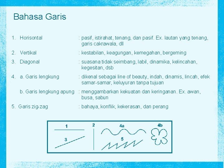 Bahasa Garis 1. Horisontal : pasif, istirahat, tenang, dan pasif. Ex. lautan yang tenang,