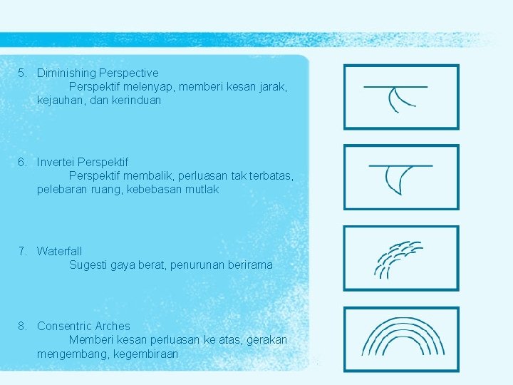 5. Diminishing Perspective Perspektif melenyap, memberi kesan jarak, kejauhan, dan kerinduan 6. Invertei Perspektif