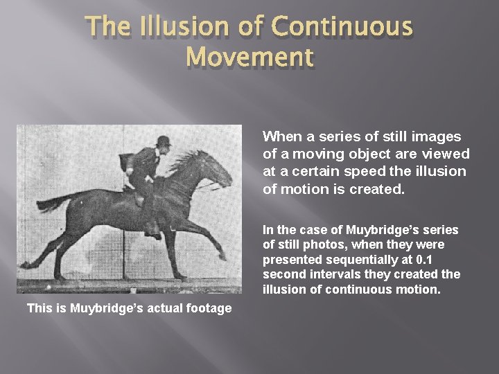 The Illusion of Continuous Movement When a series of still images of a moving