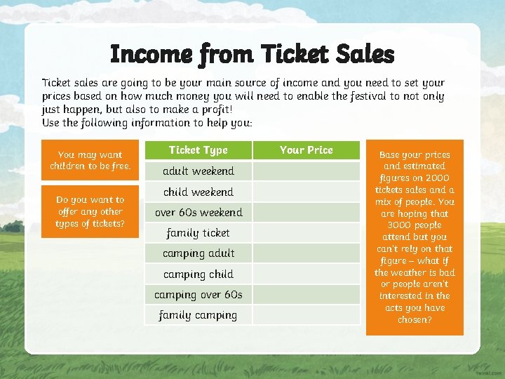 Income from Ticket Sales Ticket sales are going to be your main source of