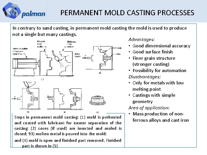 PERMANENT MOLD CASTING PROCESSES In contrary to sand casting, in permanent mold casting the