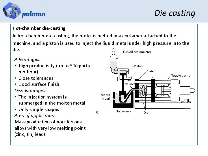 Die casting Hot-chamber die-casting In hot chamber die-casting, the metal is melted in a