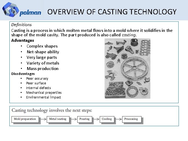 OVERVIEW OF CASTING TECHNOLOGY Definitions Casting is a process in which molten metal flows