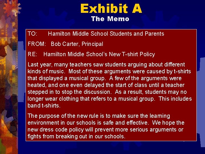 Exhibit A The Memo TO: Hamilton Middle School Students and Parents FROM: Bob Carter,