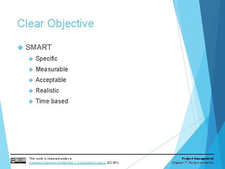 Clear Objective SMART Specific Measurable Acceptable Realistic Time based This work is licensed under
