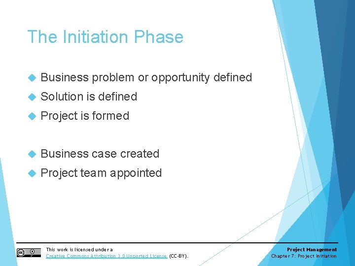 The Initiation Phase Business problem or opportunity defined Solution is defined Project is formed