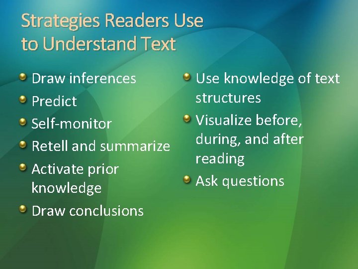Strategies Readers Use to Understand Text Draw inferences Predict Self-monitor Retell and summarize Activate