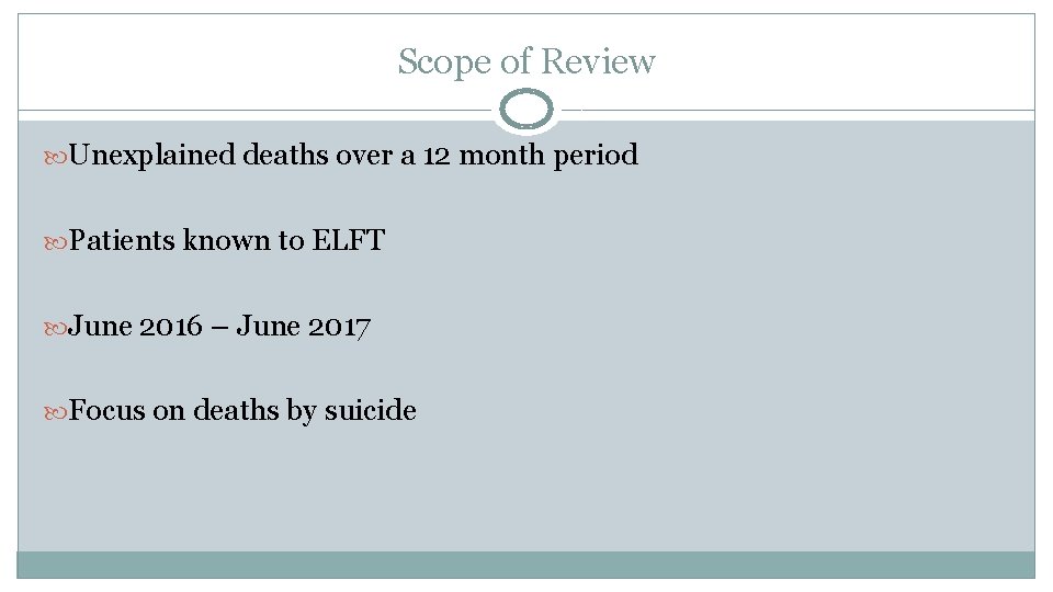 Scope of Review Unexplained deaths over a 12 month period Patients known to ELFT