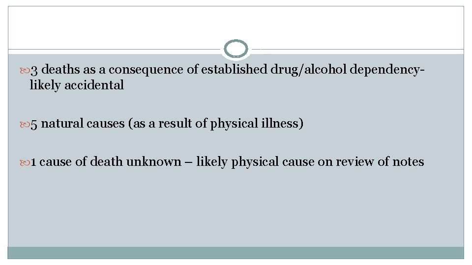  3 deaths as a consequence of established drug/alcohol dependency- likely accidental 5 natural