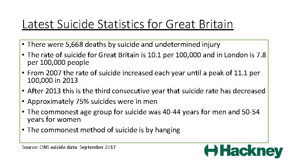 Latest Suicide Statistics for Great Britain • There were 5, 668 deaths by suicide