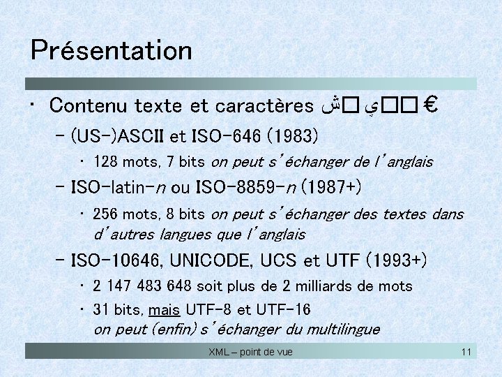 Présentation • Contenu texte et caractères ��ۑ �ﺵ € – (US-)ASCII et ISO-646 (1983)