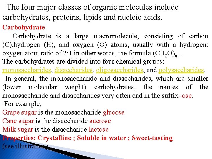 The four major classes of organic molecules include carbohydrates, proteins, lipids and nucleic acids.