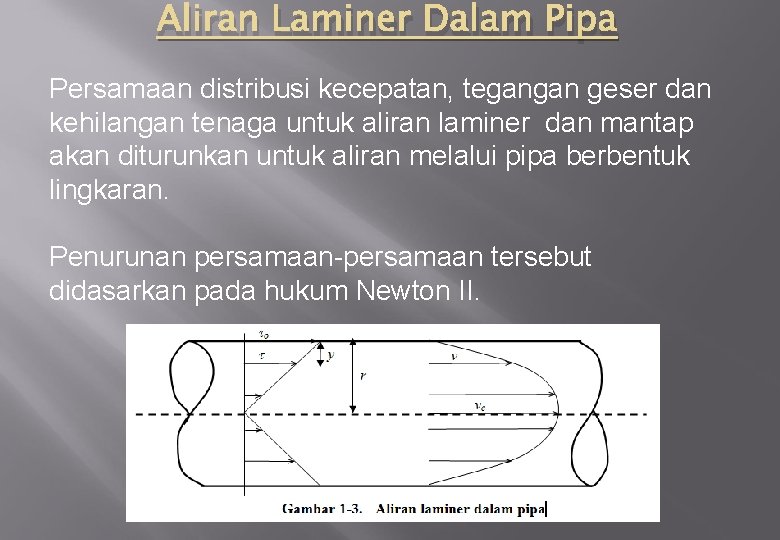 Aliran Laminer Dalam Pipa Persamaan distribusi kecepatan, tegangan geser dan kehilangan tenaga untuk aliran