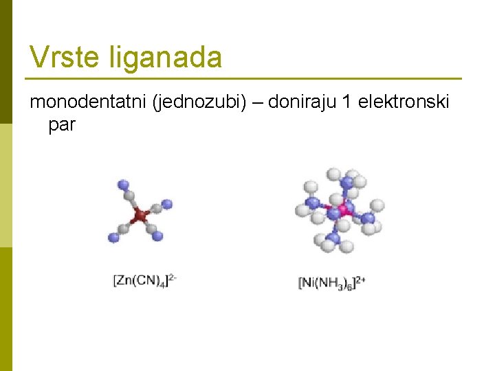 Vrste liganada monodentatni (jednozubi) – doniraju 1 elektronski par 