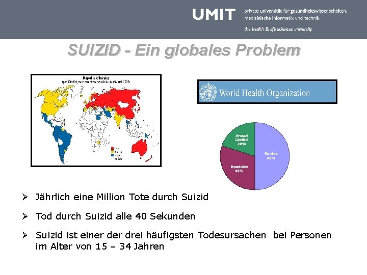 SUIZID - Ein globales Problem Ø Jährlich eine Million Tote durch Suizid Ø Tod