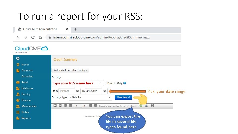 To run a report for your RSS: Type your RSS name here Pick your