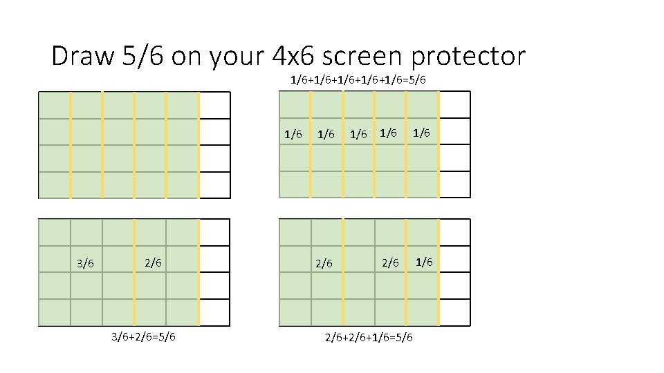 Draw 5/6 on your 4 x 6 screen protector 1/6+1/6+1/6=5/6 1/6 3/6 2/6 3/6+2/6=5/6