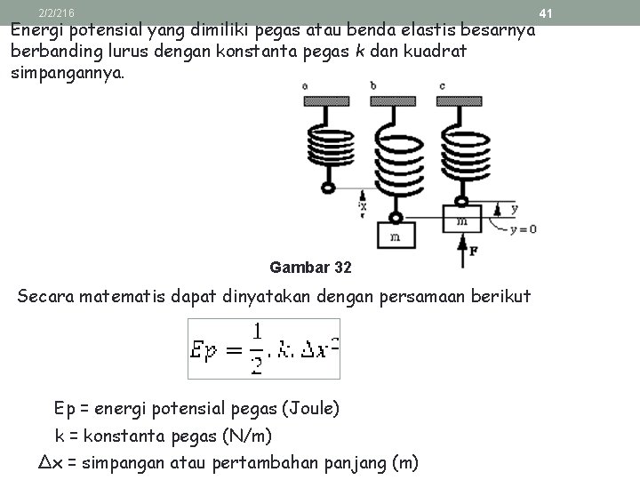 2/2/216 Energi potensial yang dimiliki pegas atau benda elastis besarnya berbanding lurus dengan konstanta