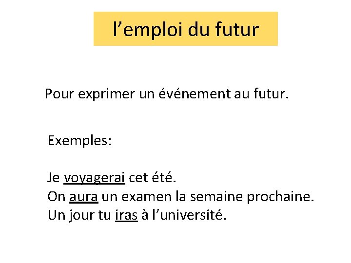 l’emploi du futur Pour exprimer un événement au futur. Exemples: Je voyagerai cet été.