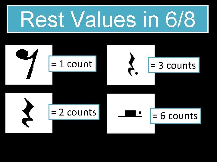 Rest Values in 6/8 = 1 count = 3 counts = 2 counts =