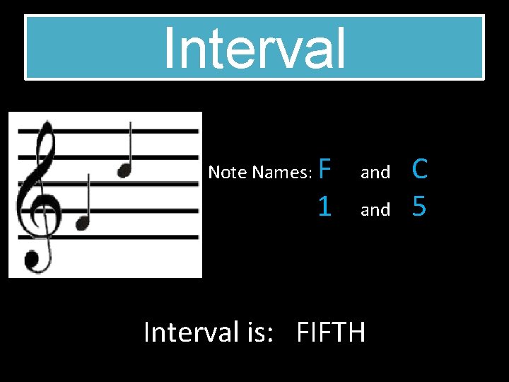 Interval Note Names: F 1 and Interval is: FIFTH C 5 