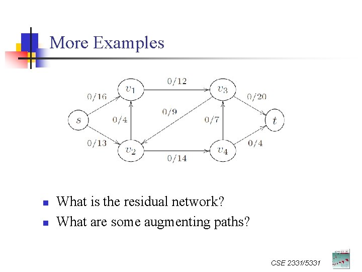 More Examples n n What is the residual network? What are some augmenting paths?
