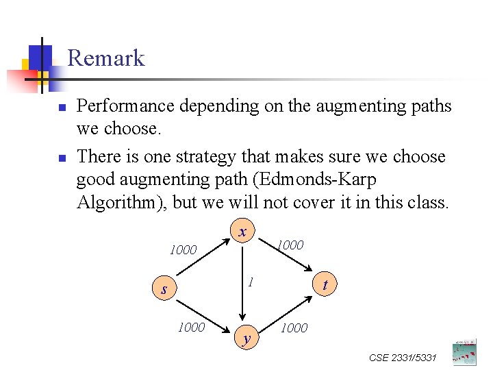 Remark n n Performance depending on the augmenting paths we choose. There is one