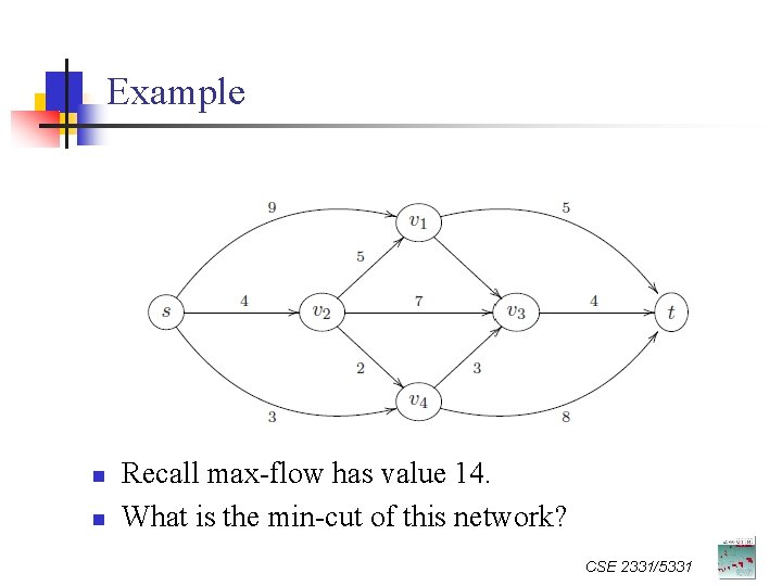 Example n n Recall max-flow has value 14. What is the min-cut of this