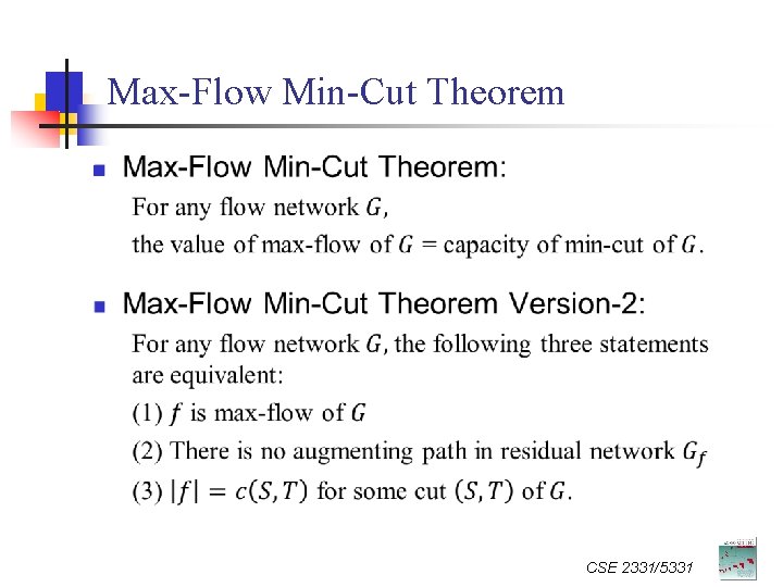 Max-Flow Min-Cut Theorem n CSE 2331/5331 