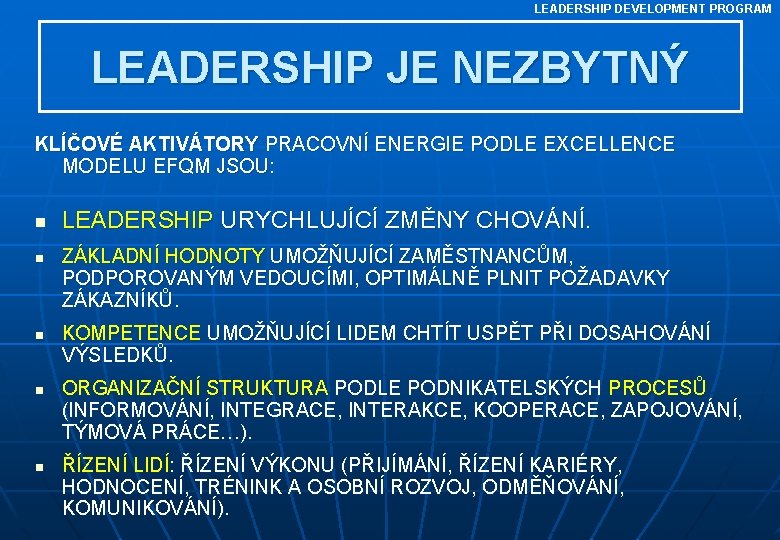 LEADERSHIP DEVELOPMENT PROGRAM LEADERSHIP JE NEZBYTNÝ KLÍČOVÉ AKTIVÁTORY PRACOVNÍ ENERGIE PODLE EXCELLENCE MODELU EFQM