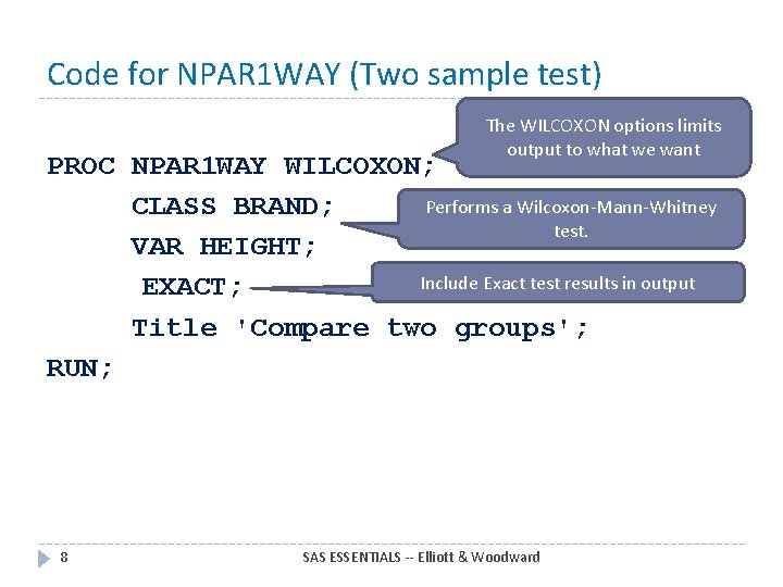 Code for NPAR 1 WAY (Two sample test) The WILCOXON options limits output to Code for NPAR 1 WAY (Two sample test) The WILCOXON options limits output to