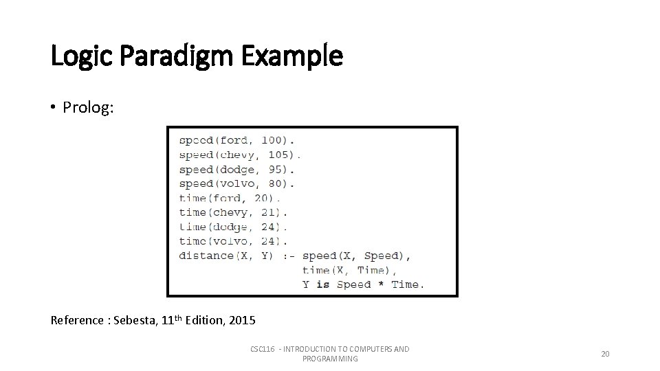 Logic Paradigm Example • Prolog: Reference : Sebesta, 11 th Edition, 2015 CSC 116 Logic Paradigm Example • Prolog: Reference : Sebesta, 11 th Edition, 2015 CSC 116