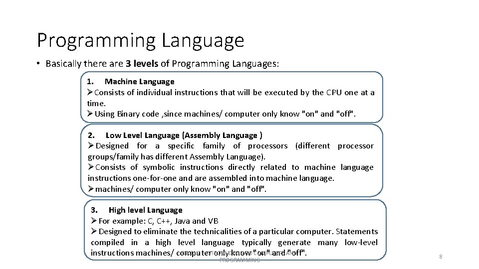 Programming Language • Basically there are 3 levels of Programming Languages: 1. Machine Language Programming Language • Basically there are 3 levels of Programming Languages: 1. Machine Language