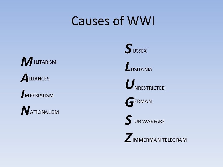 Causes of WWI M ILITARISM ALLIANCES IMPERIALISM NATIONALISM S L U G S Z