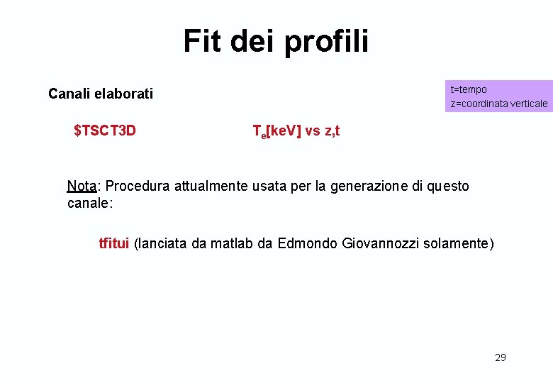 Fit dei profili t=tempo z=coordinata verticale Canali elaborati $TSCT 3 D Te[ke. V] vs