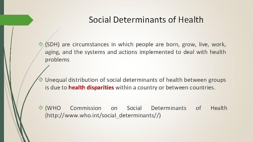 Social Determinants of Health (SDH) are circumstances in which people are born, grow, live,
