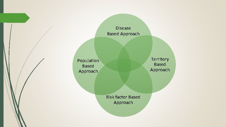 Disease Based Approach Territory Based Approach Population Based Approach Risk factor Based Approach 