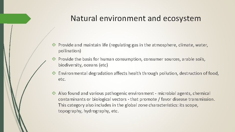 Natural environment and ecosystem Provide and maintain life (regulating gas in the atmosphere, climate,